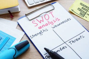 SWOT analysis form and clipboard on a desk